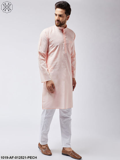 Men's Cotton Linen Peach Kurta & White Pyjama Set