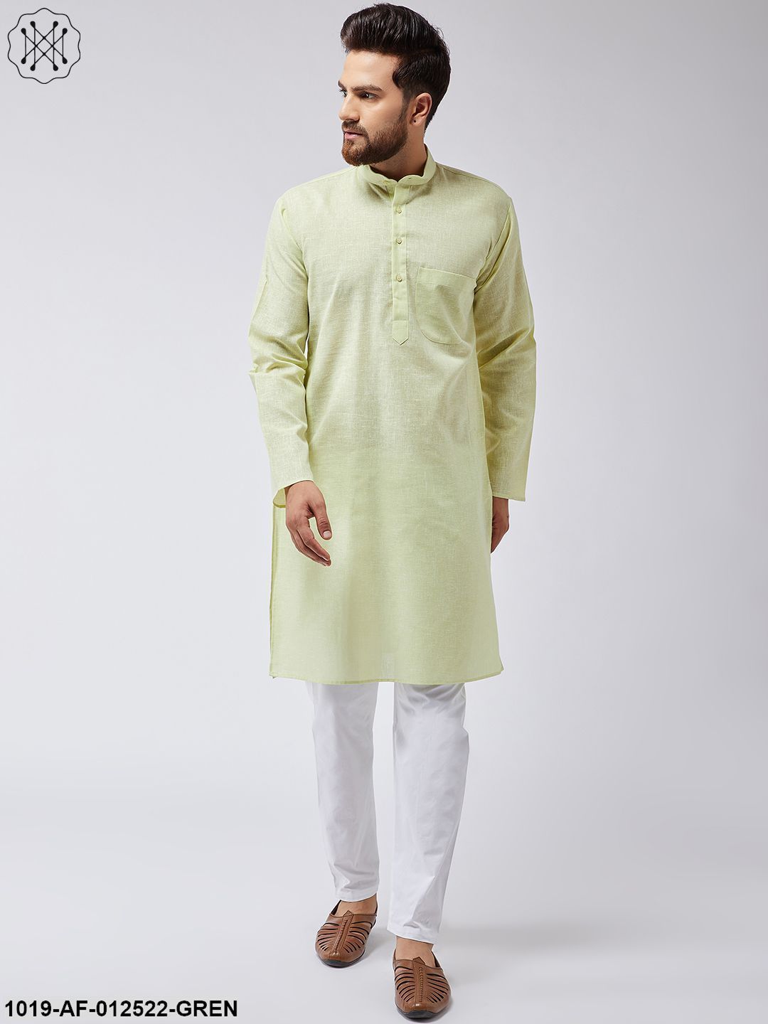 Men's Cotton Linen Lime Green Kurta & White Pyjama Set