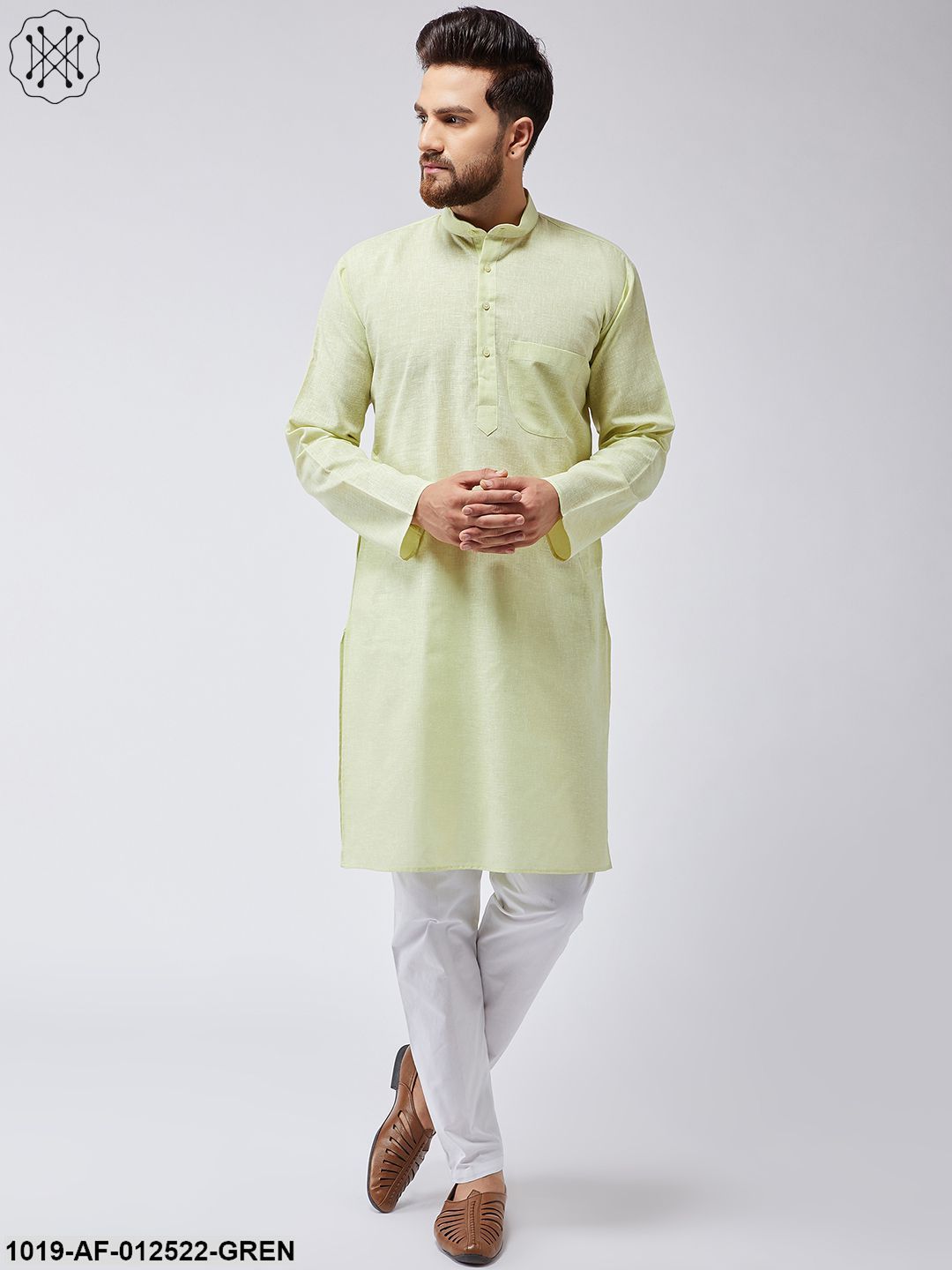 Men's Cotton Linen Lime Green Kurta & White Pyjama Set