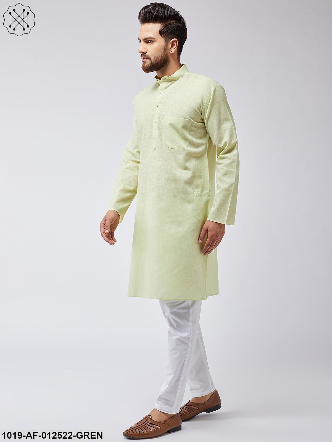 Men's Cotton Linen Lime Green Kurta & White Pyjama Set