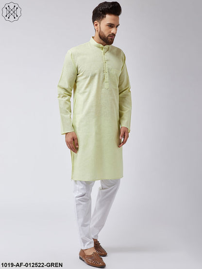 Men's Cotton Linen Lime Green Kurta & White Pyjama Set