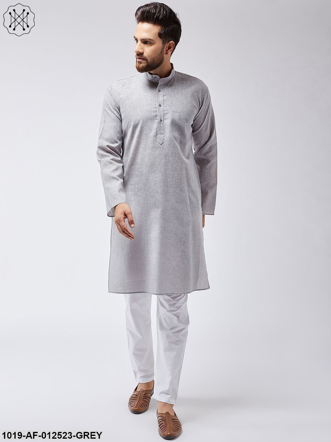 Men's Cotton Linen Grey Kurta & White Pyjama Set