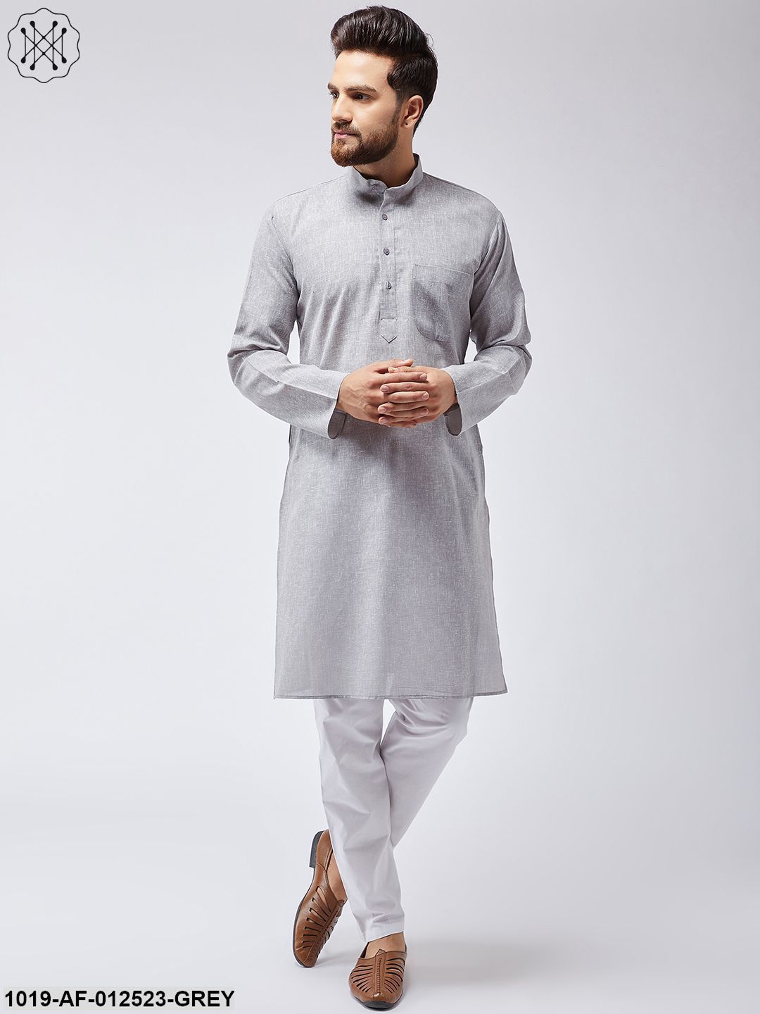 Men's Cotton Linen Grey Kurta & White Pyjama Set