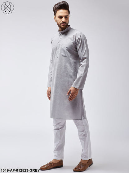 Men's Cotton Linen Grey Kurta & White Pyjama Set