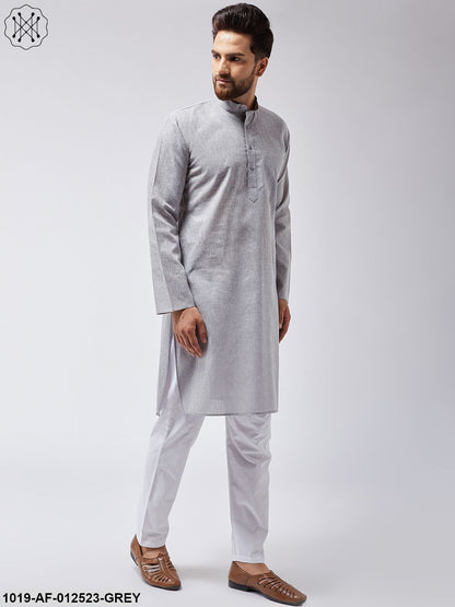 Men's Cotton Linen Grey Kurta & White Pyjama Set