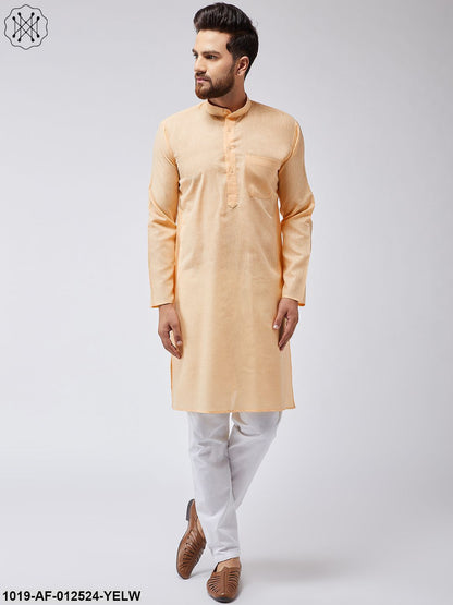 Men's Cotton Linen Yellow Kurta & White Pyjama Set