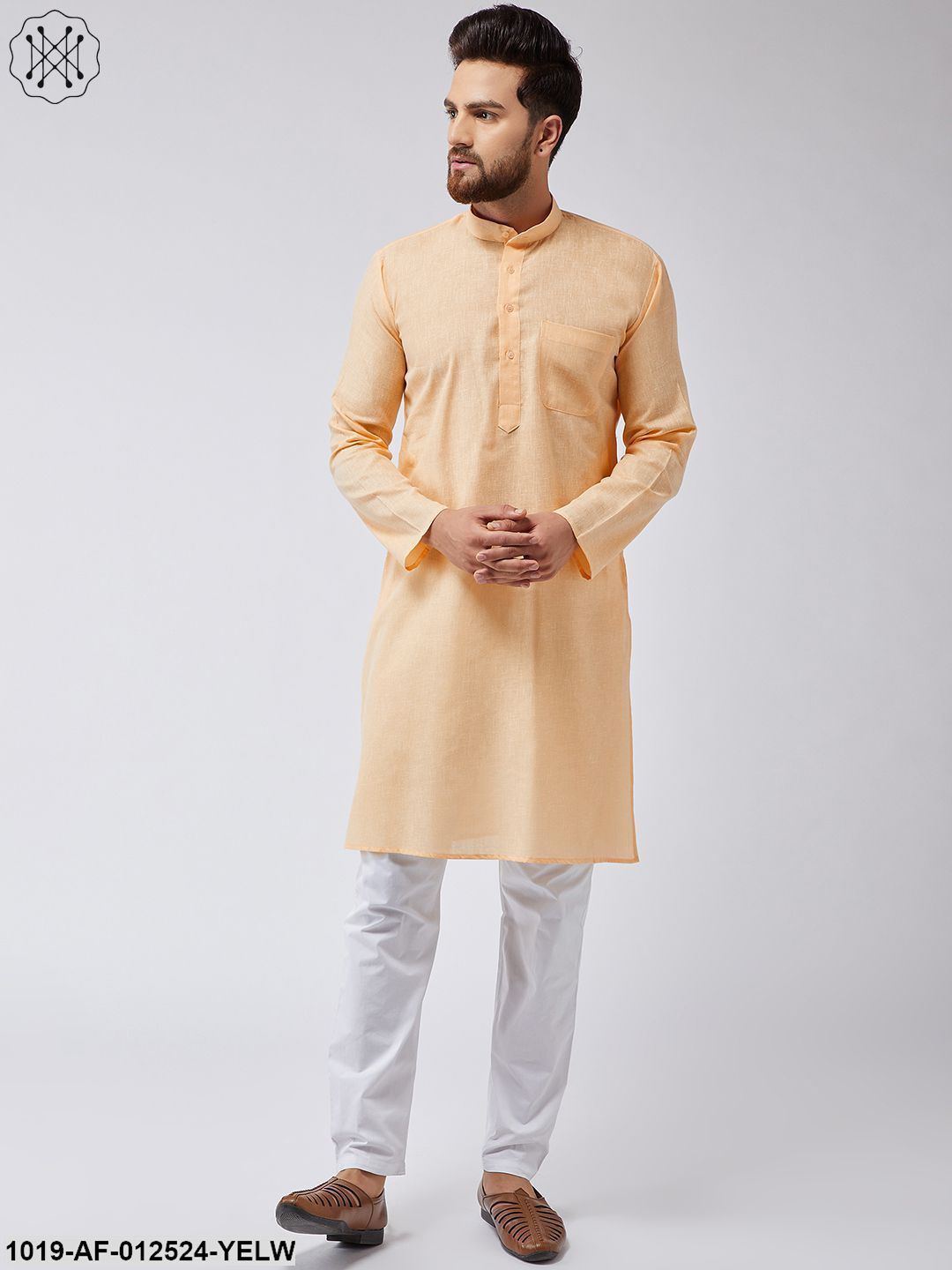 Men's Cotton Linen Yellow Kurta & White Pyjama Set