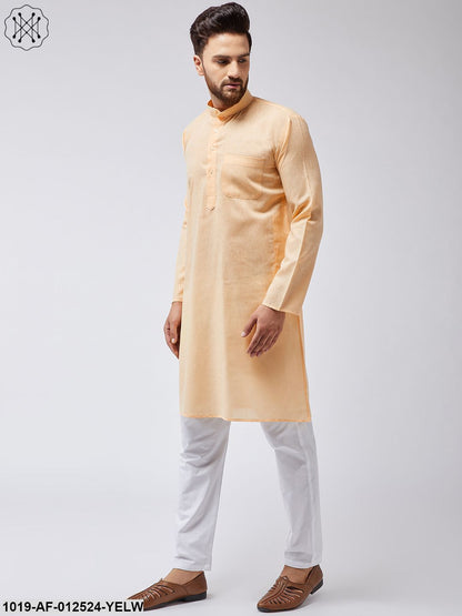 Men's Cotton Linen Yellow Kurta & White Pyjama Set