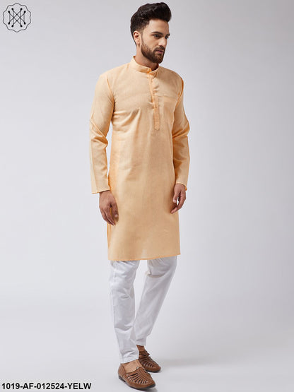 Men's Cotton Linen Yellow Kurta & White Pyjama Set