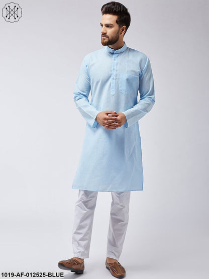 Men's Cotton Linen Sky Blue Kurta & White Pyjama Set