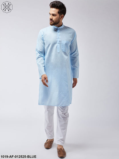 Men's Cotton Linen Sky Blue Kurta & White Pyjama Set