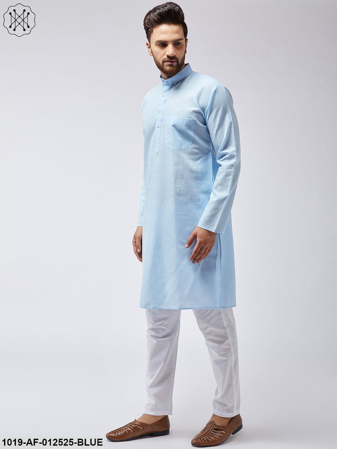 Men's Cotton Linen Sky Blue Kurta & White Pyjama Set