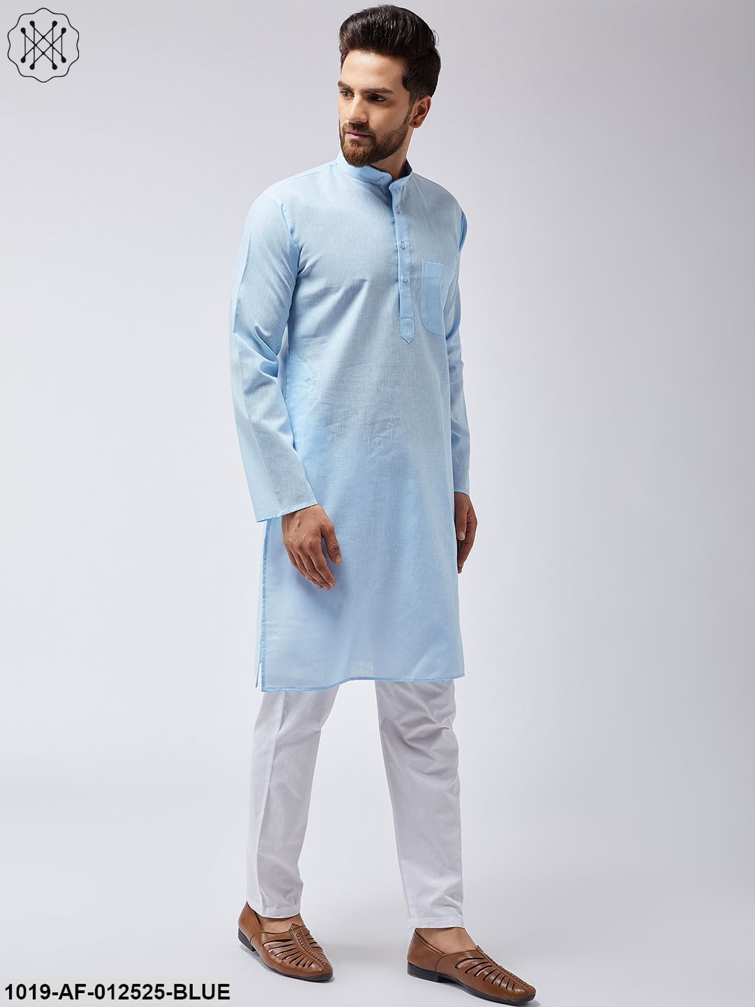 Men's Cotton Linen Sky Blue Kurta & White Pyjama Set