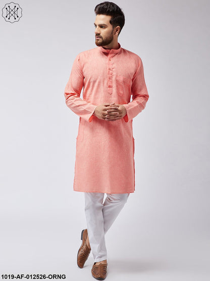 Men's Cotton Linen Orange Kurta & White Pyjama Set