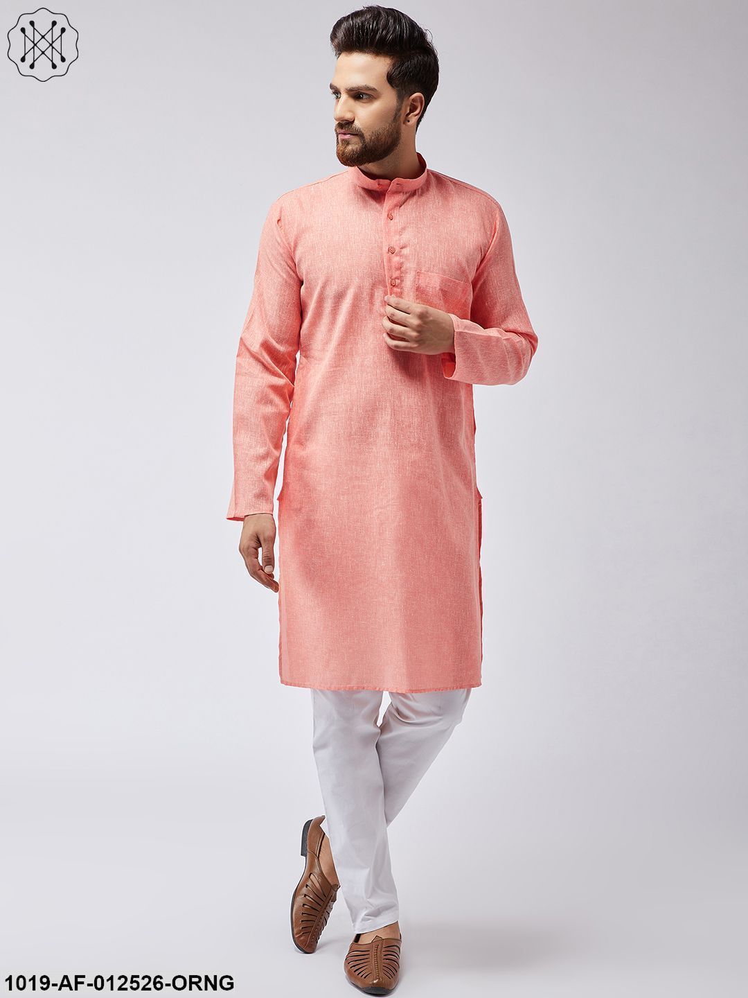 Men's Cotton Linen Orange Kurta & White Pyjama Set