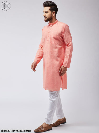 Men's Cotton Linen Orange Kurta & White Pyjama Set