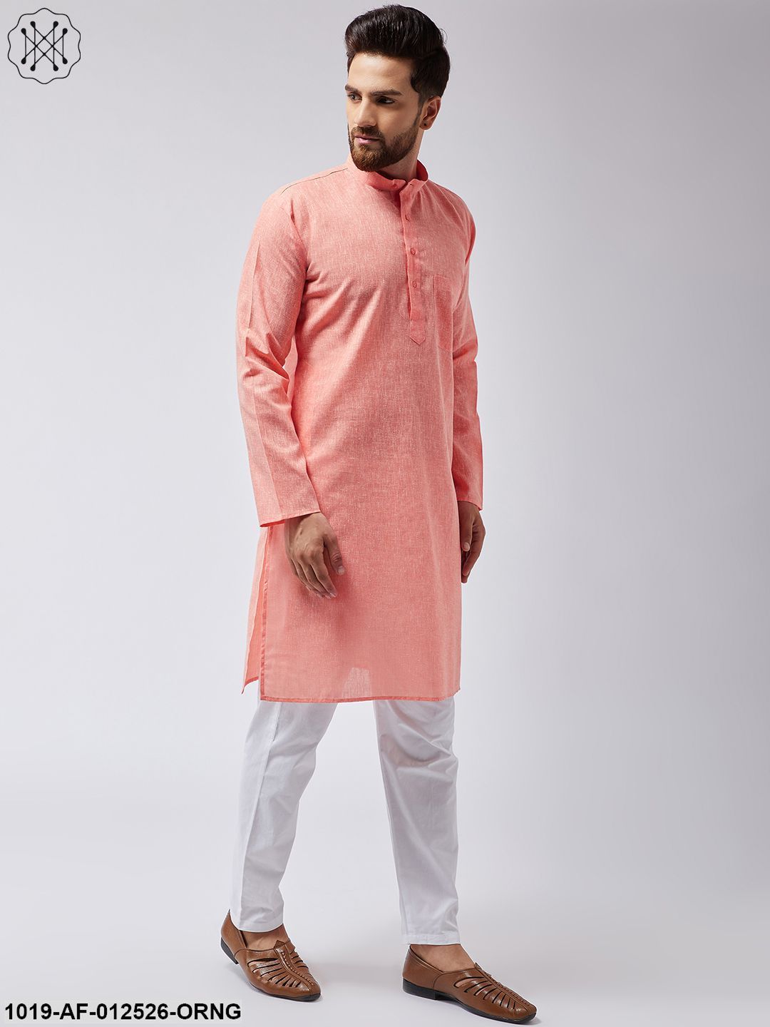 Men's Cotton Linen Orange Kurta & White Pyjama Set