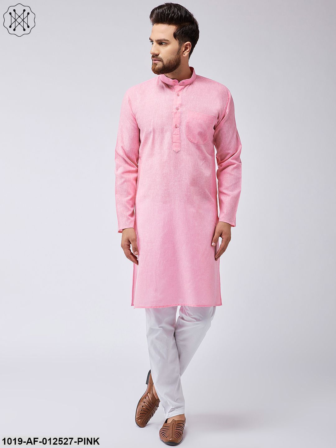 Men's Cotton Linen Pink Kurta & White Pyjama Set