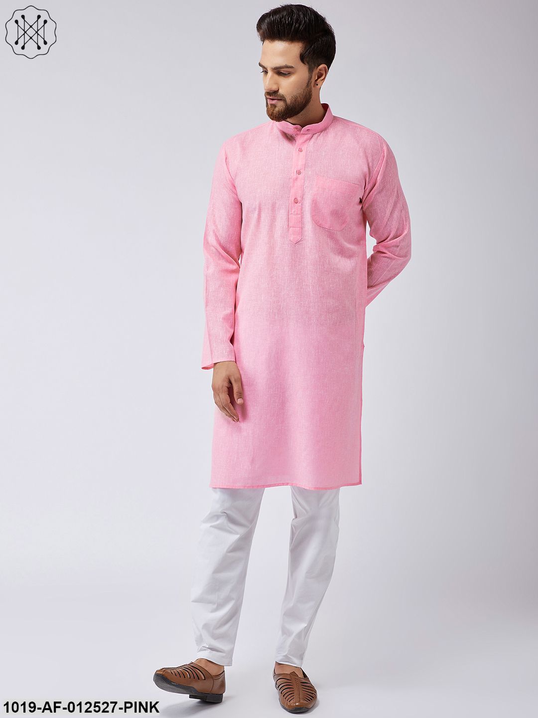 Men's Cotton Linen Pink Kurta & White Pyjama Set