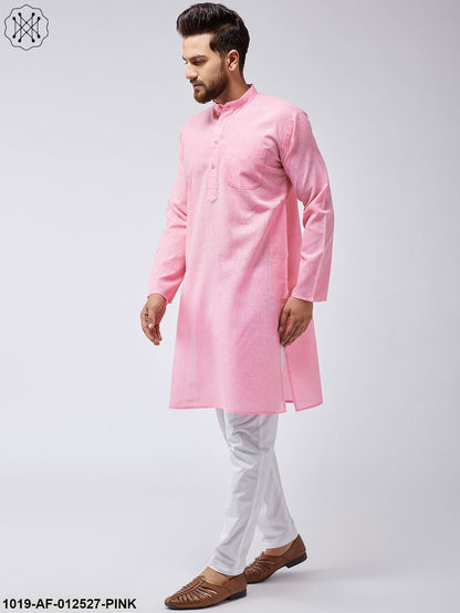 Men's Cotton Linen Pink Kurta & White Pyjama Set