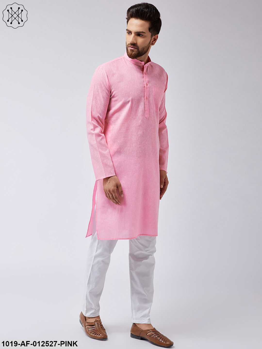 Men's Cotton Linen Pink Kurta & White Pyjama Set