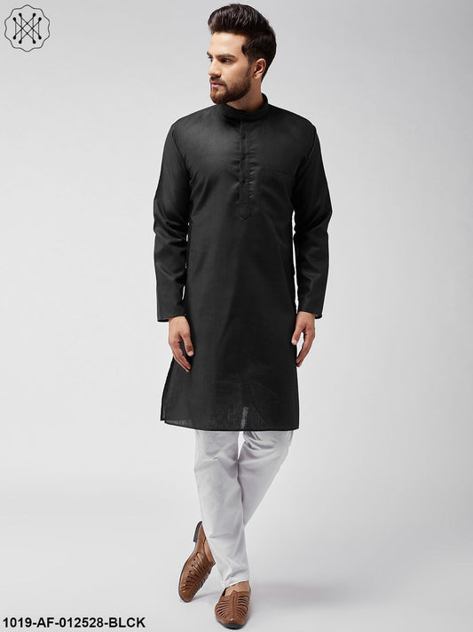 Men's Cotton Linen Black Kurta & White Pyjama Set