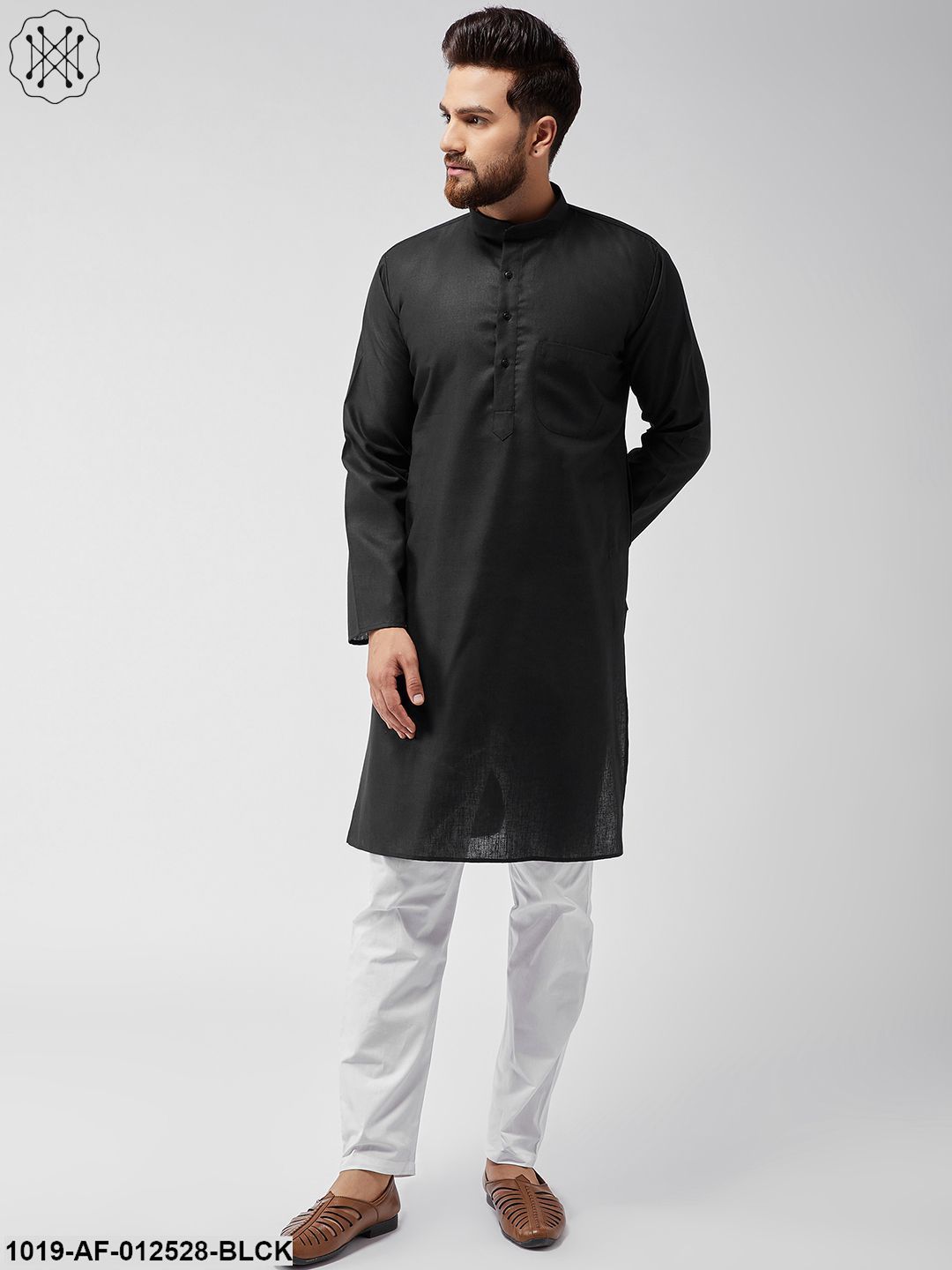 Men's Cotton Linen Black Kurta & White Pyjama Set