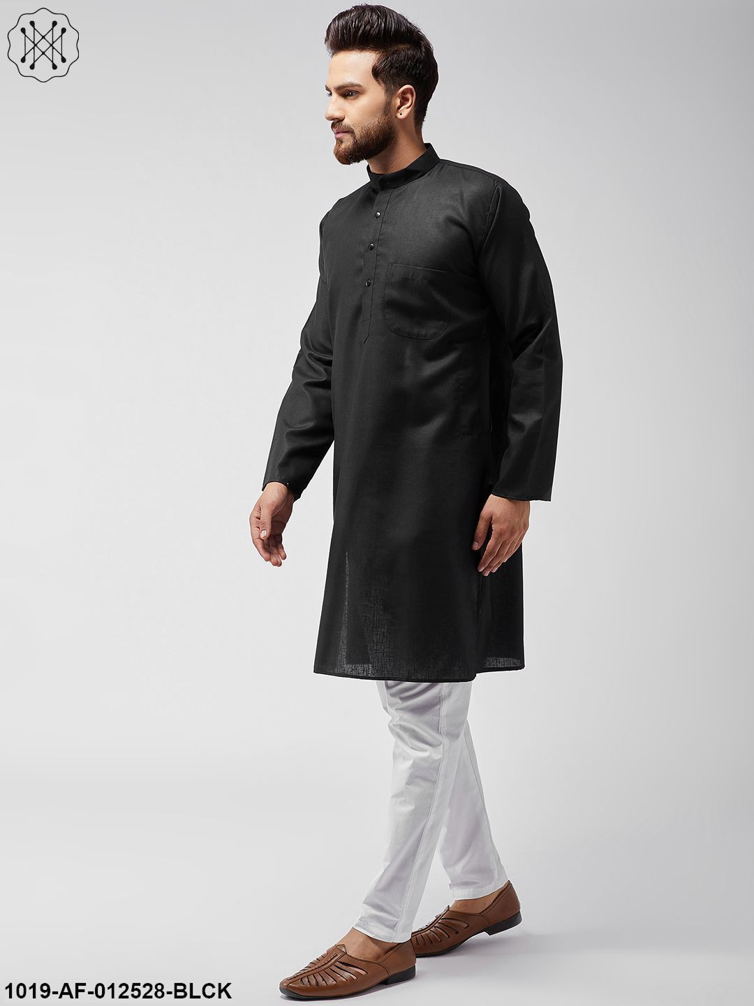 Men's Cotton Linen Black Kurta & White Pyjama Set