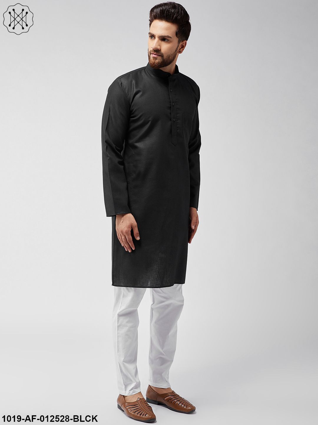 Men's Cotton Linen Black Kurta & White Pyjama Set