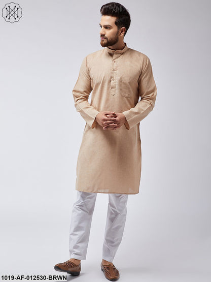 Men's Cotton Linen Light Brown Kurta & White Pyjama Set