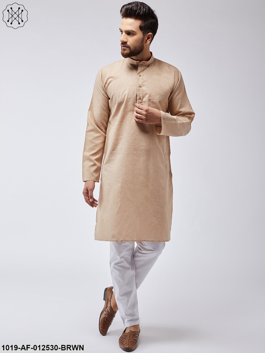 Men's Cotton Linen Light Brown Kurta & White Pyjama Set