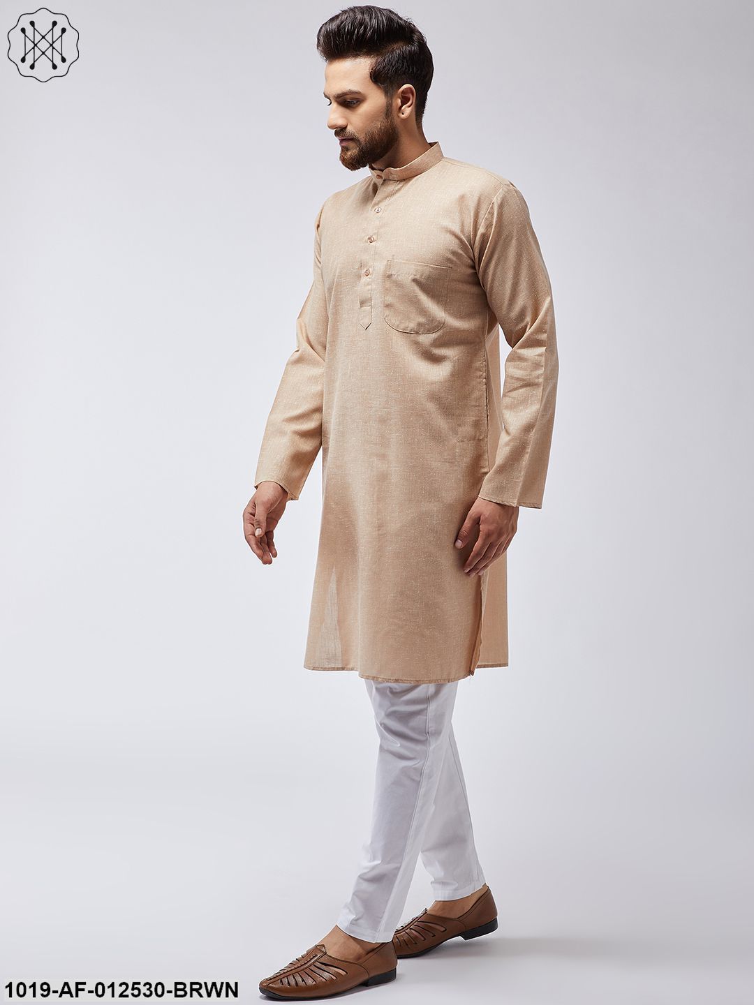 Men's Cotton Linen Light Brown Kurta & White Pyjama Set