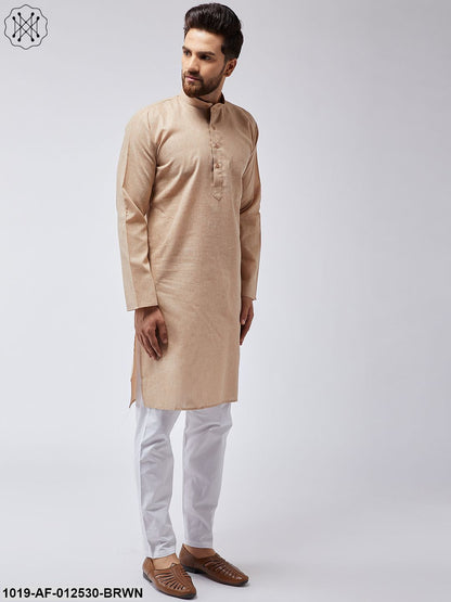 Men's Cotton Linen Light Brown Kurta & White Pyjama Set