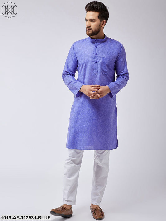 Men's Cotton Linen Indigo Blue Kurta & White Pyjama Set