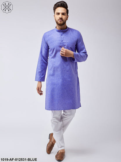 Men's Cotton Linen Indigo Blue Kurta & White Pyjama Set