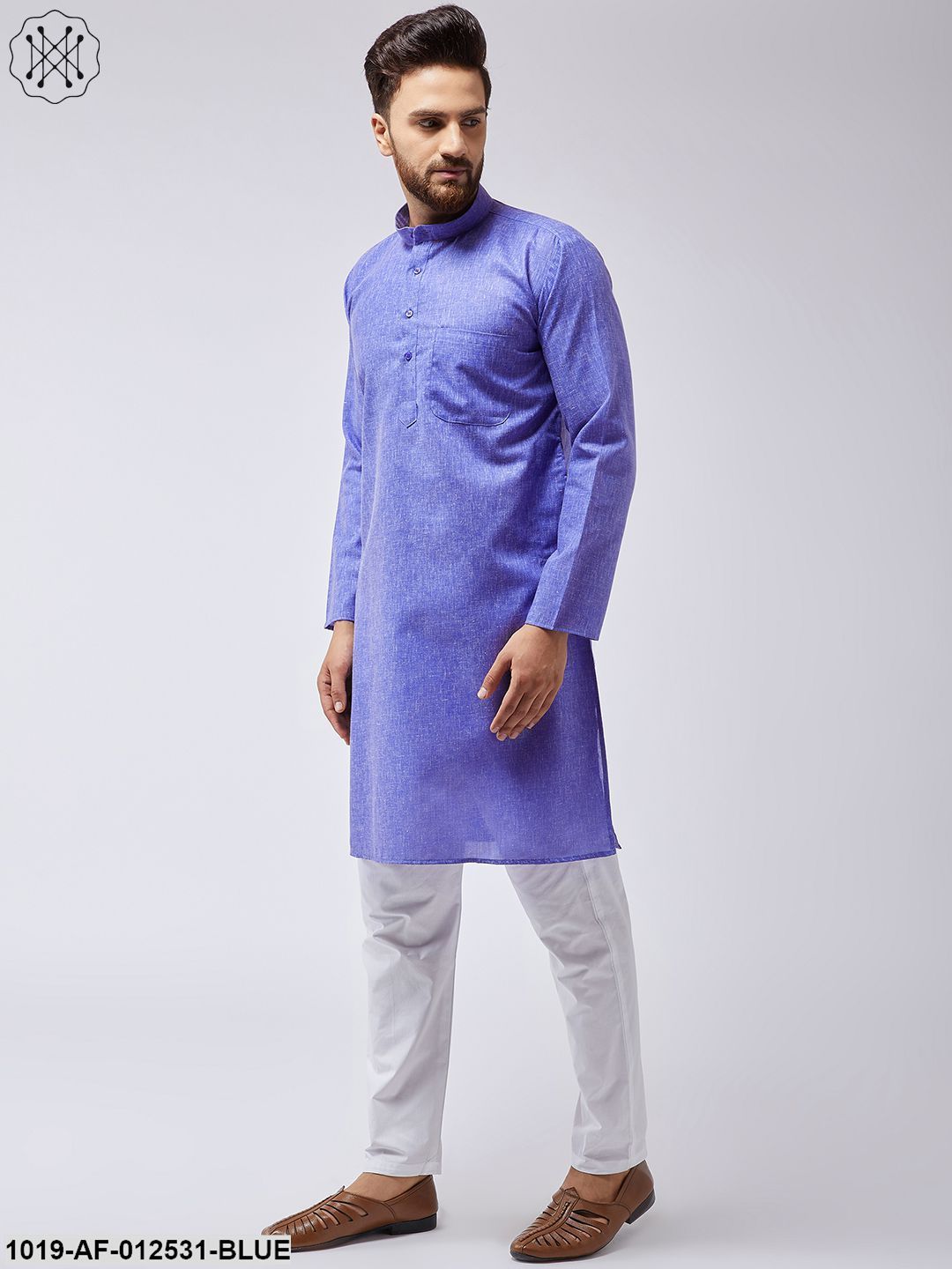 Men's Cotton Linen Indigo Blue Kurta & White Pyjama Set