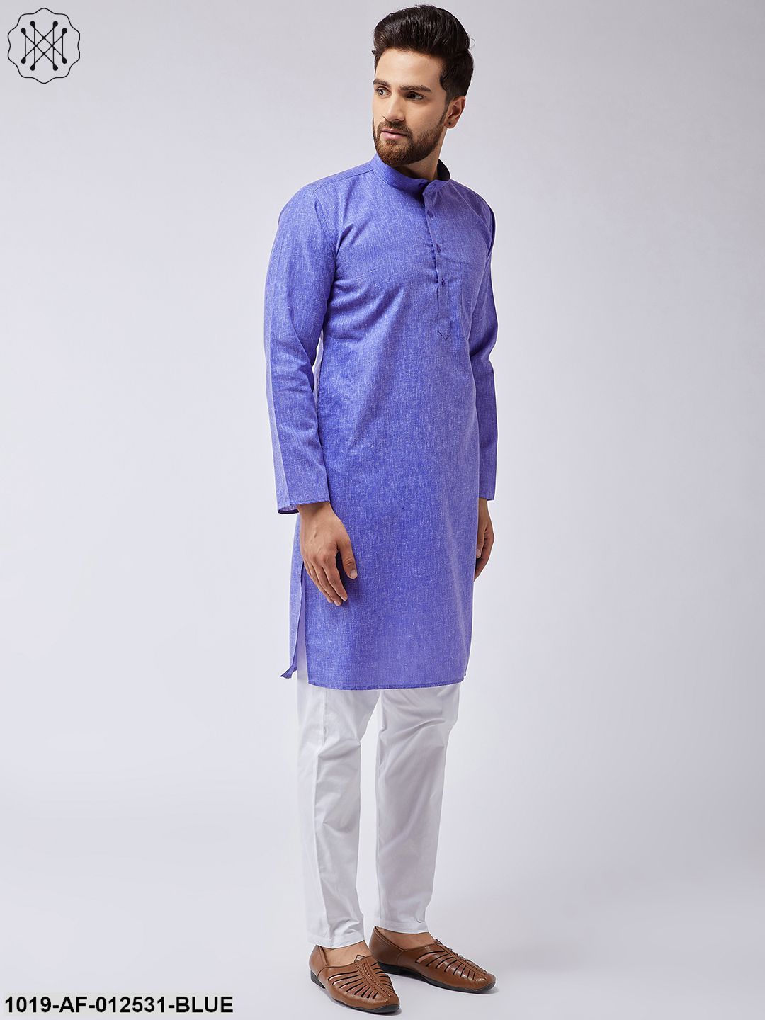 Men's Cotton Linen Indigo Blue Kurta & White Pyjama Set