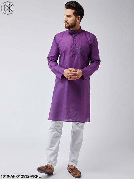 Men's Cotton Linen Purple Kurta & White Pyjama Set