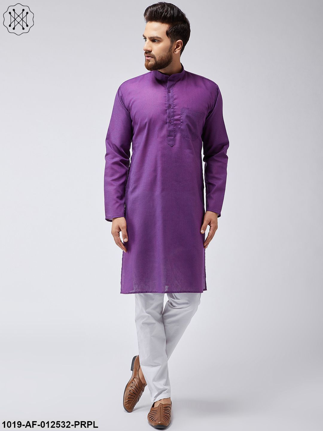 Men's Cotton Linen Purple Kurta & White Pyjama Set