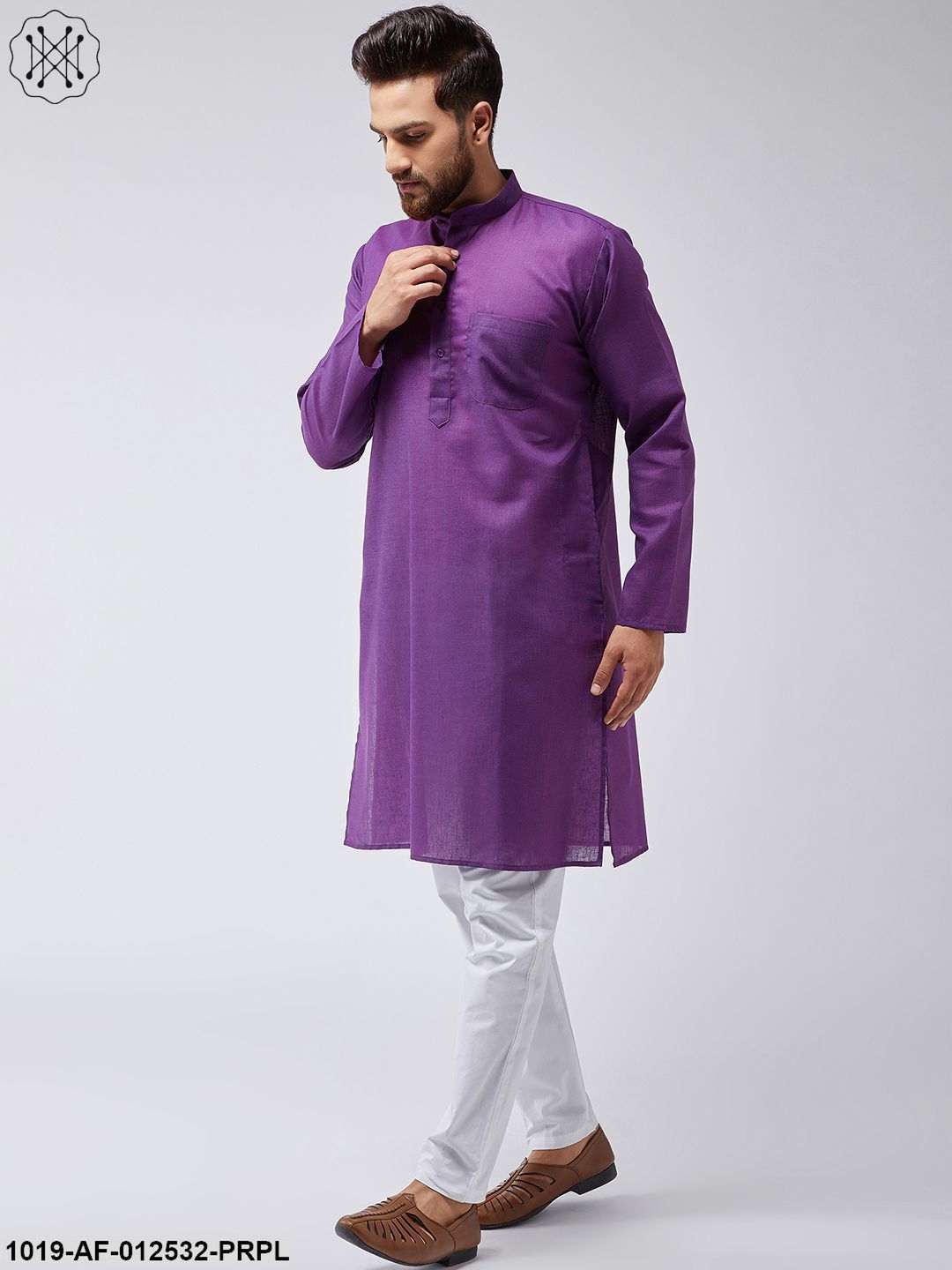 Men's Cotton Linen Purple Kurta & White Pyjama Set