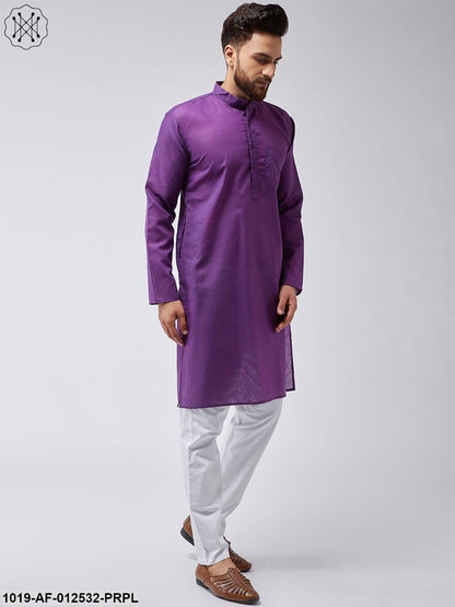 Men's Cotton Linen Purple Kurta & White Pyjama Set