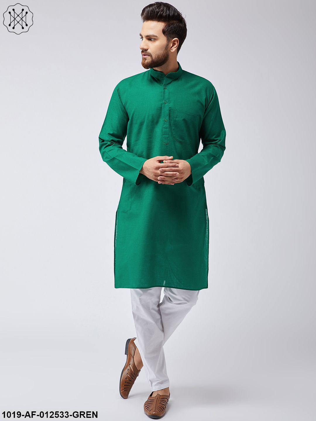 Men's Cotton Linen Dark Green Kurta & White Pyjama Set