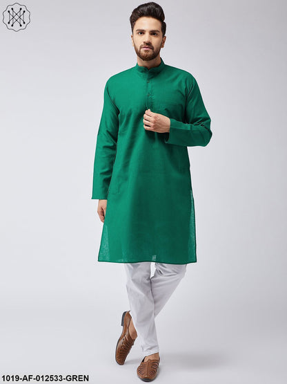 Men's Cotton Linen Dark Green Kurta & White Pyjama Set