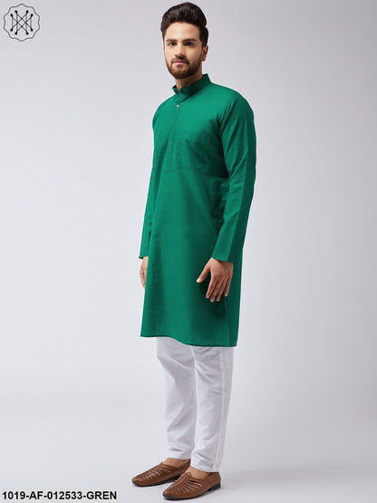 Men's Cotton Linen Dark Green Kurta & White Pyjama Set