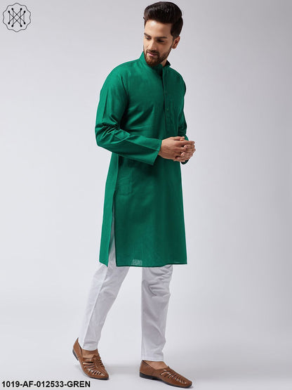 Men's Cotton Linen Dark Green Kurta & White Pyjama Set