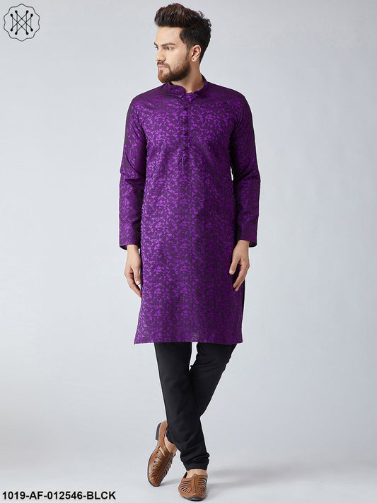 Men's Silk Violet Kurta & Black Churidar Pyjama Set