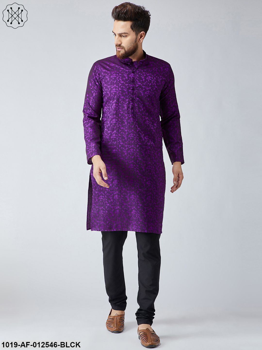 Men's Silk Violet Kurta & Black Churidar Pyjama Set