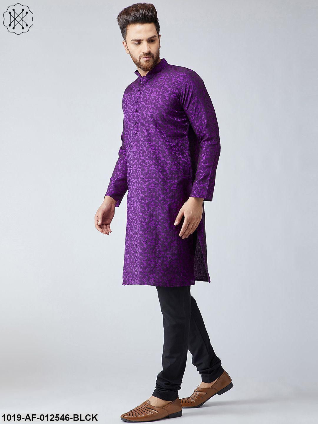 Men's Silk Violet Kurta & Black Churidar Pyjama Set