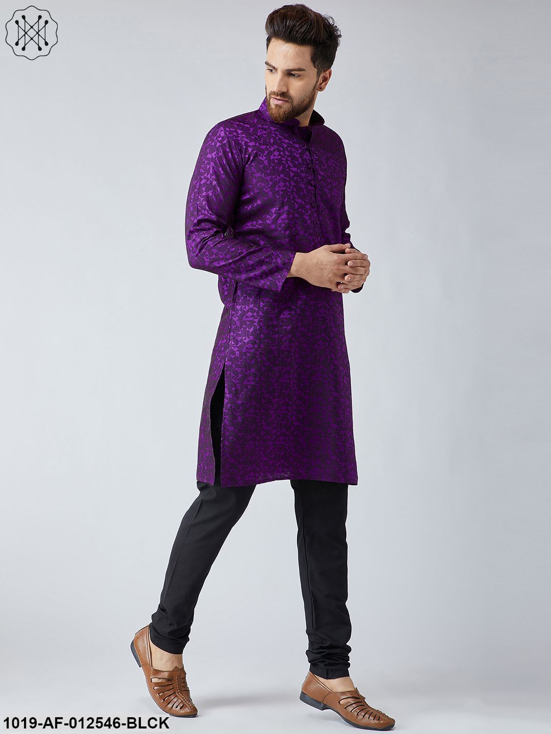 Men's Silk Violet Kurta & Black Churidar Pyjama Set