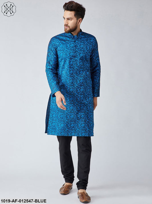 Men's Silk Royal Blue Kurta & Black Churidar Pyjama Set